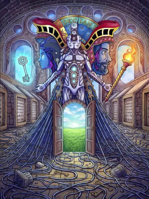 Step through to atlasunlimited.world. AI-generated film still: a two-faced mechanical guardian holds a glowing key and a lit torch above a door that opens onto a green meadow.
