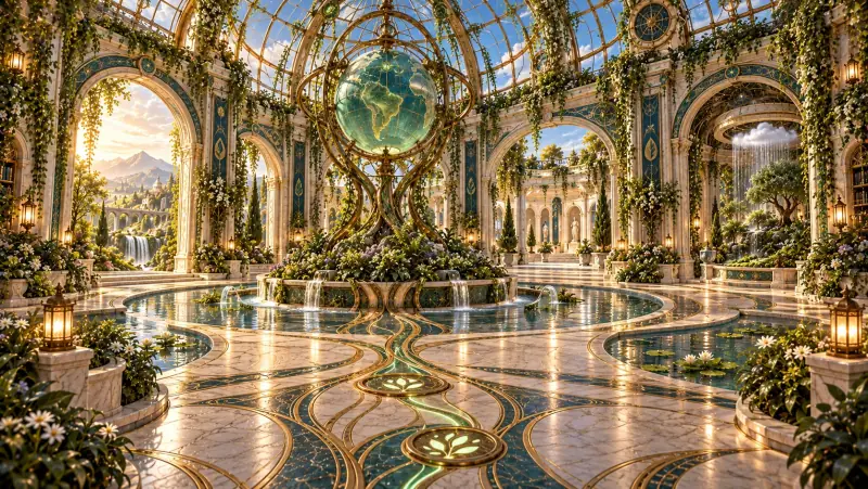 Concept artwork of a botanical conservatory with a green globe