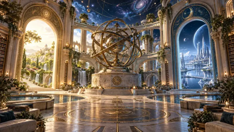 Concept artwork of an expansive celestial library