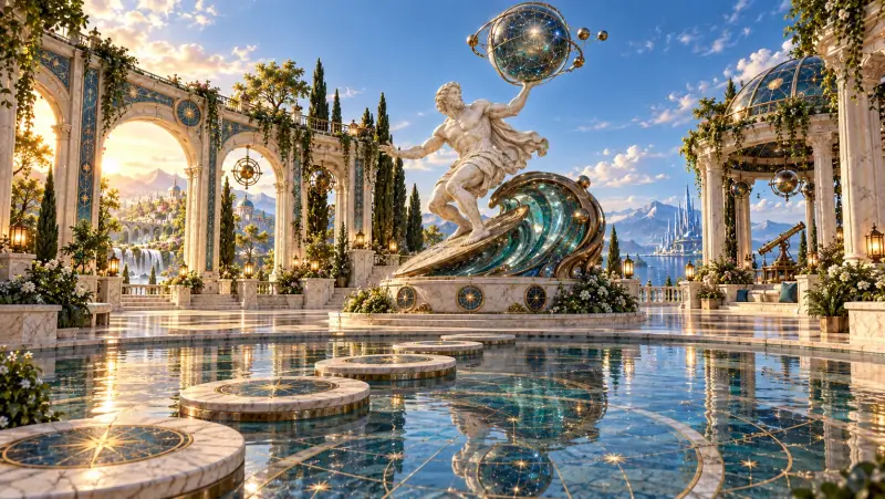 Concept artwork of an Atlas surfer monument on a terrace